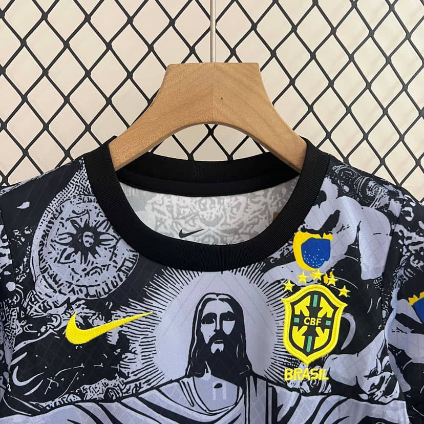 2024 Brazil Special Edition Jesus Black Gray Jersey Kids Size--2