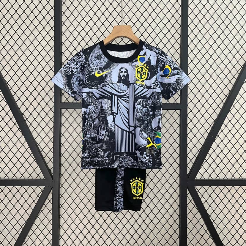 2024 Brazil Special Edition Jesus Black Gray Jersey Kids Size