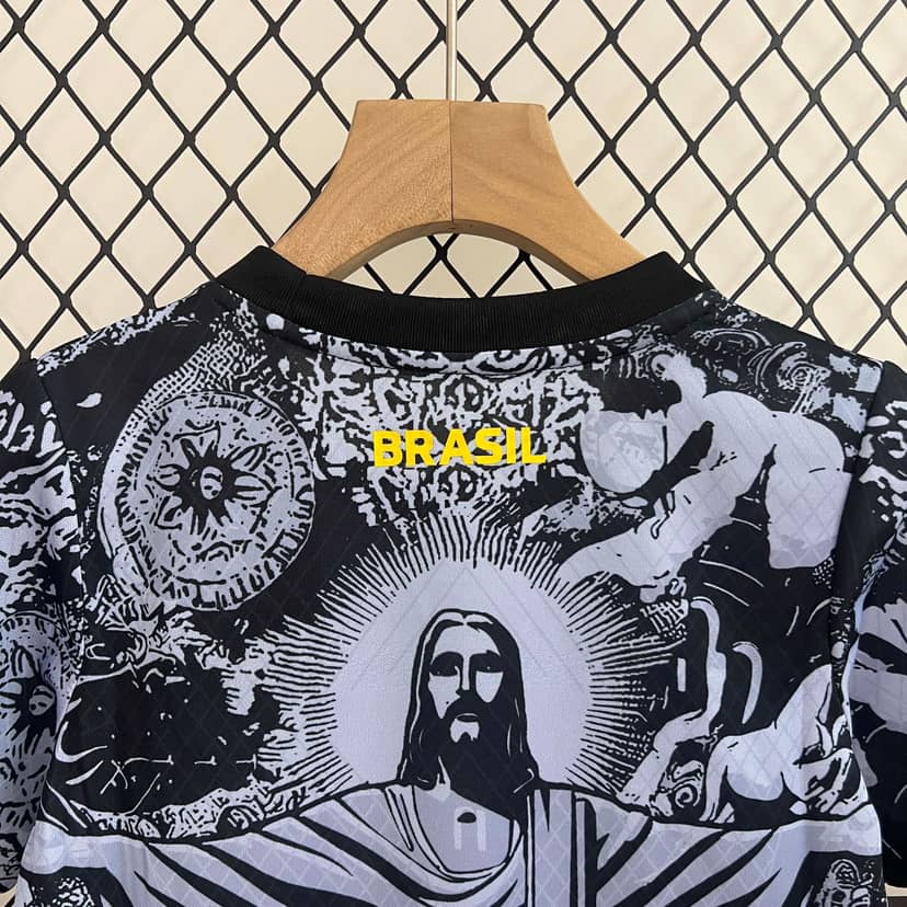 2024 Brazil Special Edition Jesus Black Gray Jersey Kids Size--3
