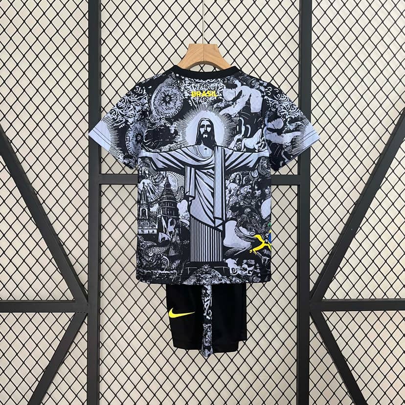 2024 Brazil Special Edition Jesus Black Gray Jersey Kids Size--1